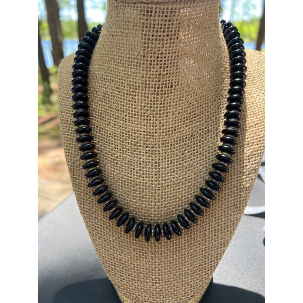 Vintage Black Agate Silver Beaded Necklace Magnetic Clasp Steampunk Chunky 17"